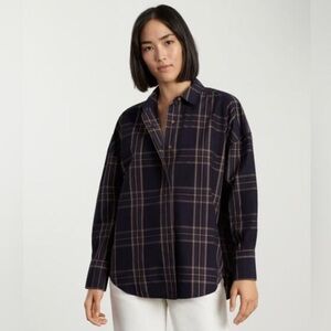 Everlane Size S Small Oversized Plaid Poplin Midnight Navy Button Front Top